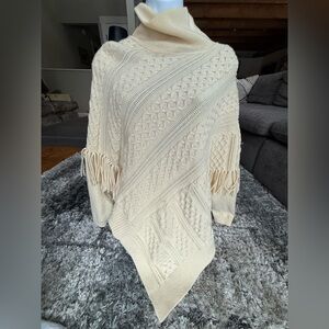 Karen Millen Cream Cable Knit Fringed Poncho Cowlneck | Wool | Size S